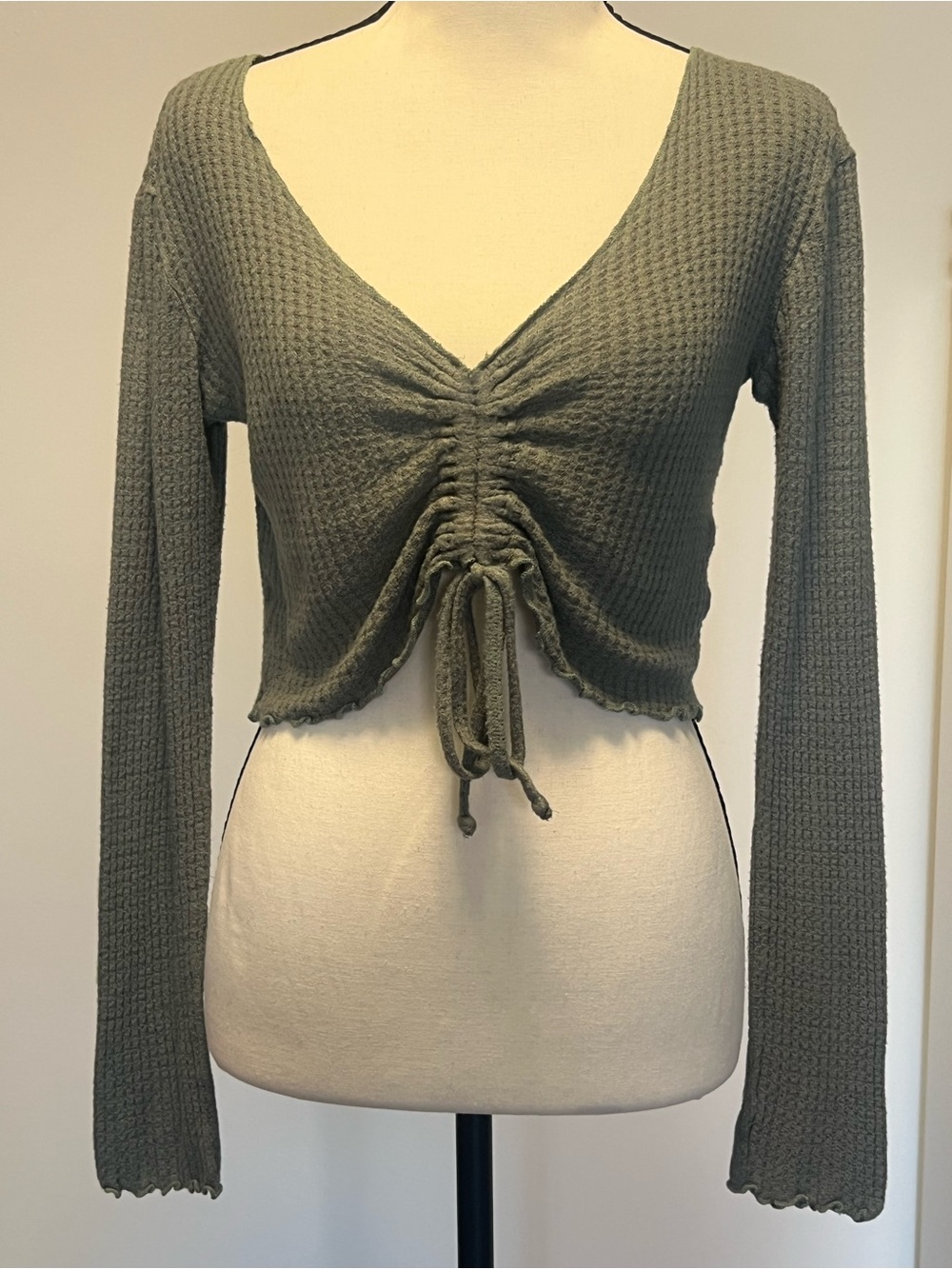 Ruched V-Neck Olive Crop Top with Drawstring